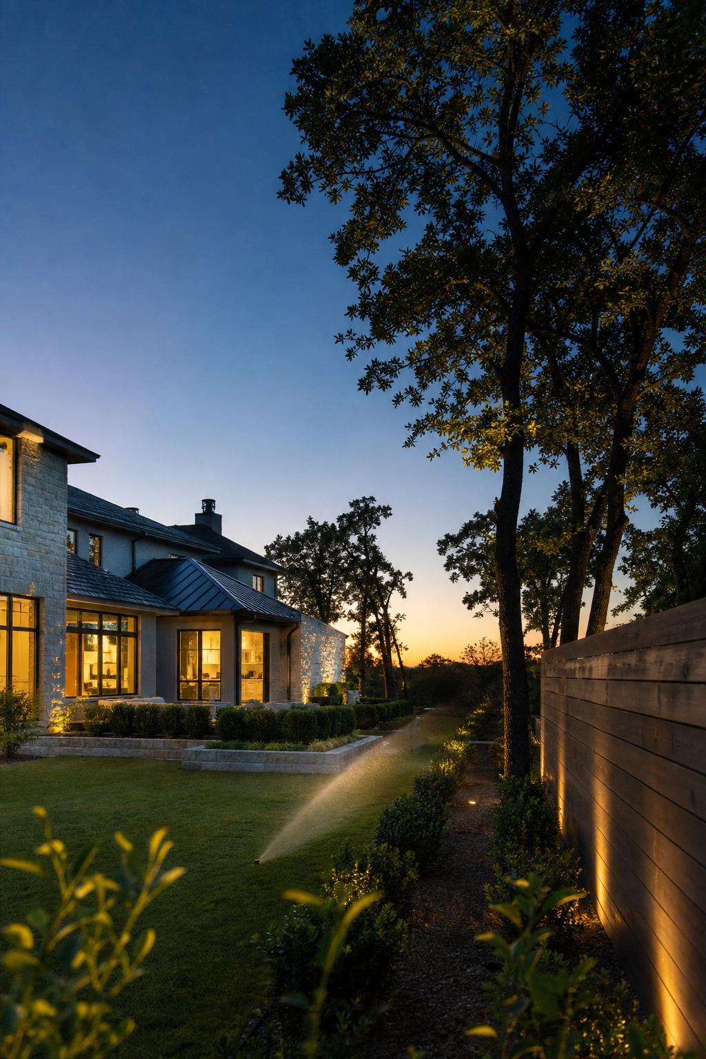 Modern luxury backyard with artificial turf and stone pavers